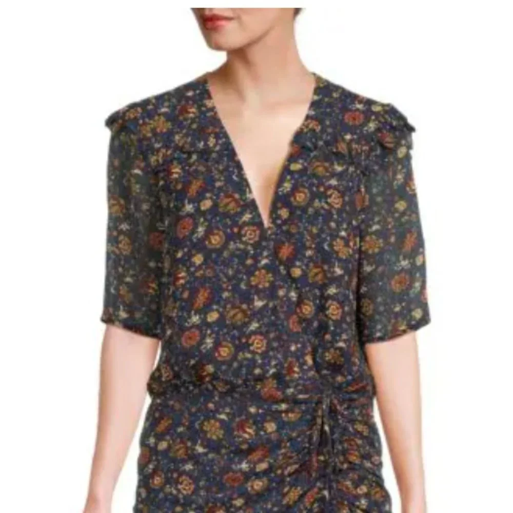 NEW Veronica Beard Dakota Floral Mini Dress Size 4 Ink Blue Chiffon Wrap… - Picture 2 of 10